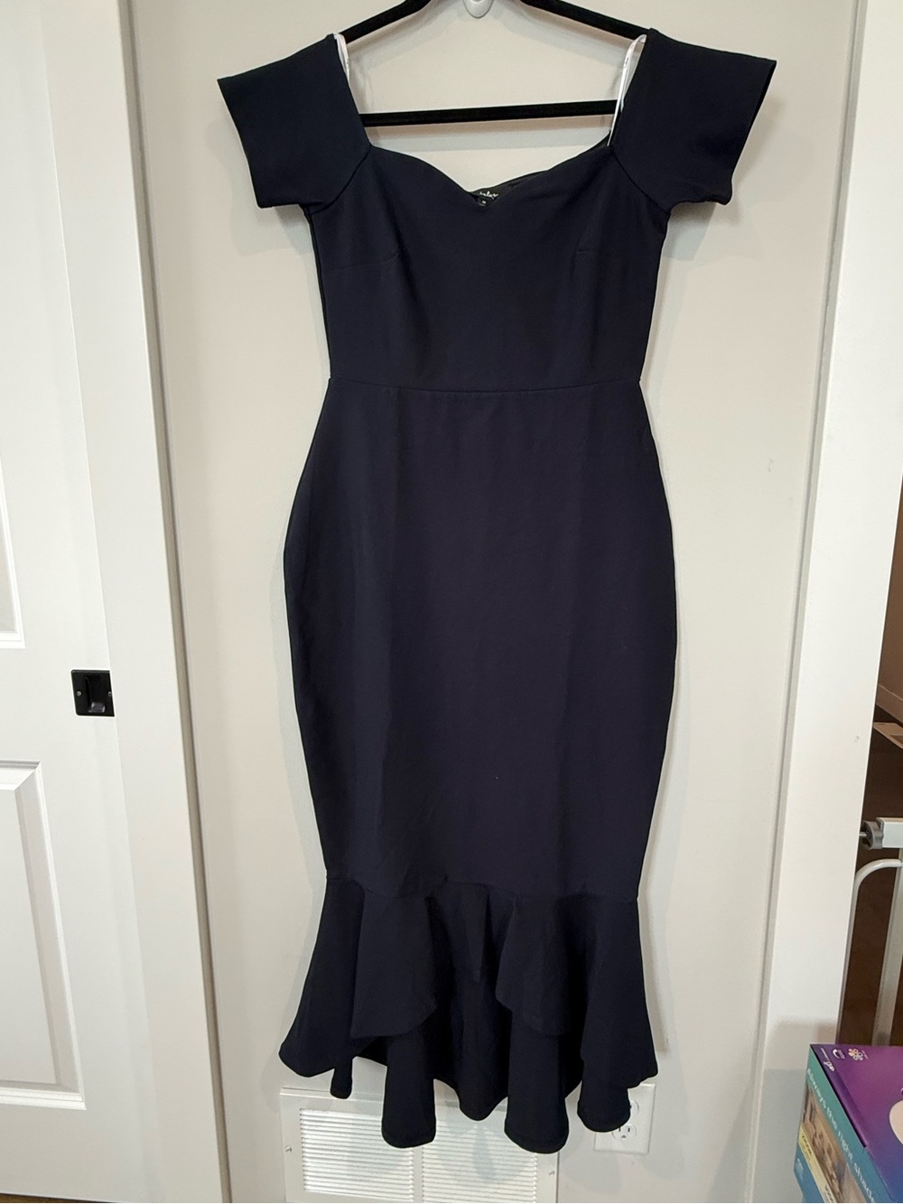 Lulu's Navy Off-the-Shoulder Mermaid Midi Dress with Ruffle Hem